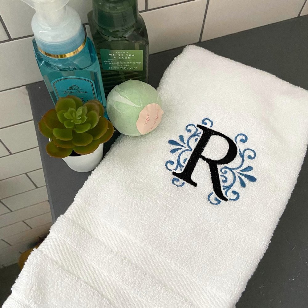 Monogram embroidered hand towel - Custom initial hand towel - PICK YOUR LETTER